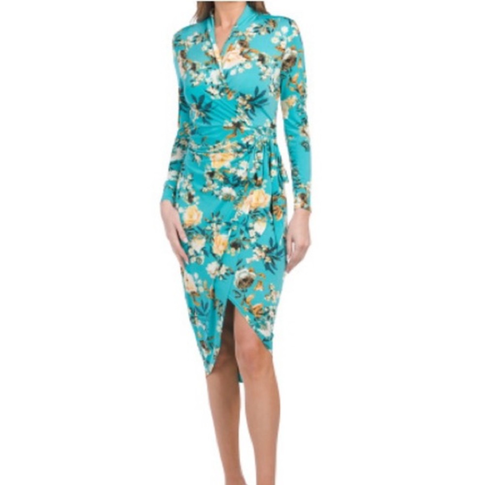 NWT RACHEL Rachel Roy long sleeve, ruched, split hem faux wrap dress
